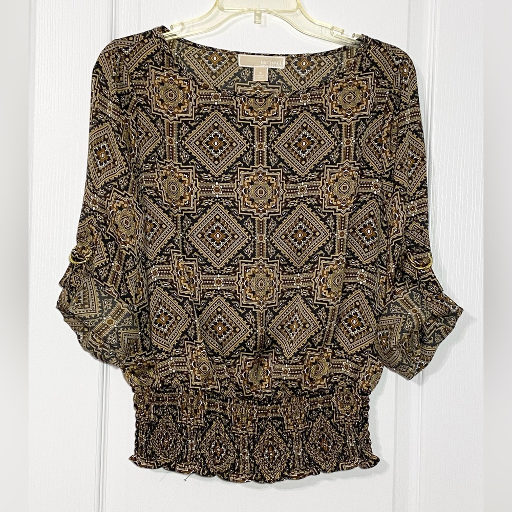 Michael Kors Geometric Print Satin Smocked Waist Roll-tab Sleeve Blouse Sz Small